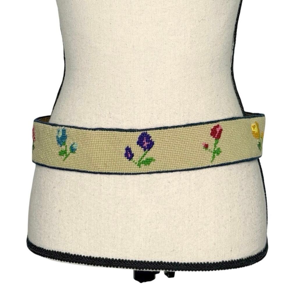 Vintage Handmade Needlepoint Flower Power Thick Belt Stitched Floral Motifs OS